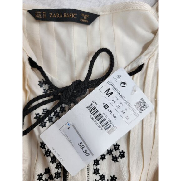 Zara Basic Embroidered Boho Peasant Tunic Dress Medium Cream 3/4 Sleeve New $59 - Picture 3 of 8